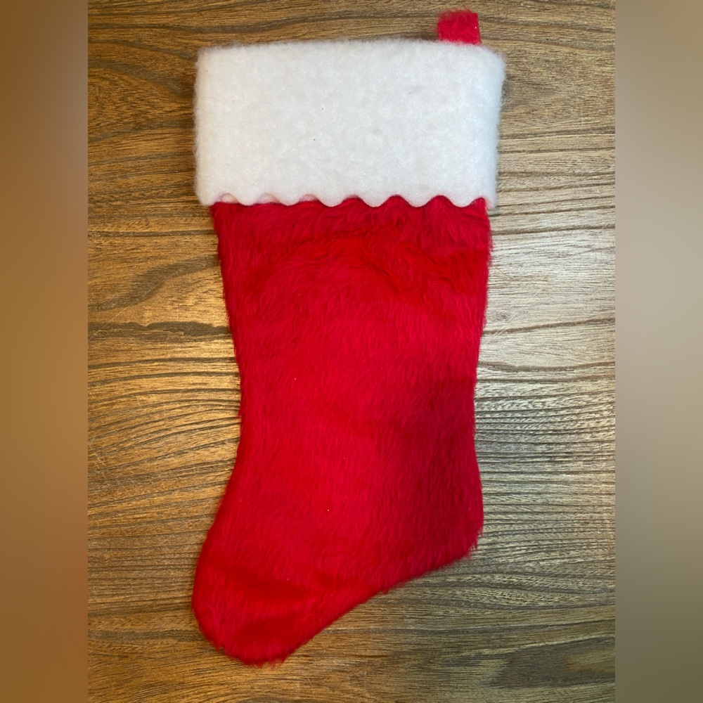 Vintage Red/White Furry Christmas Stocking W/Plastic Santa Graphic - Picture 3 of 6
